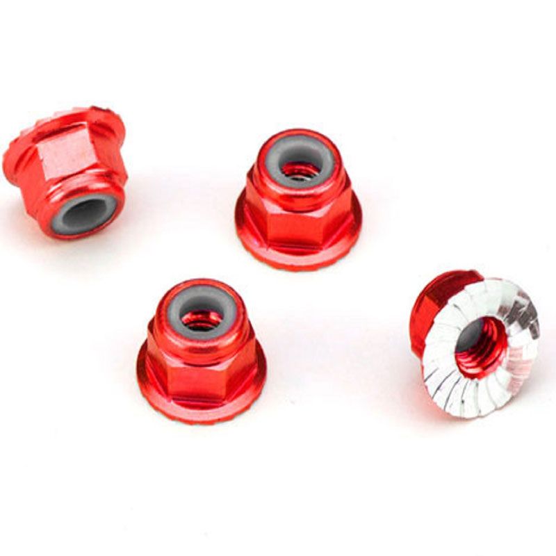 TRAXXAS NUTS ALUM FLANGED SERRATED (4MM) (RED-ANODIZED) (4)
