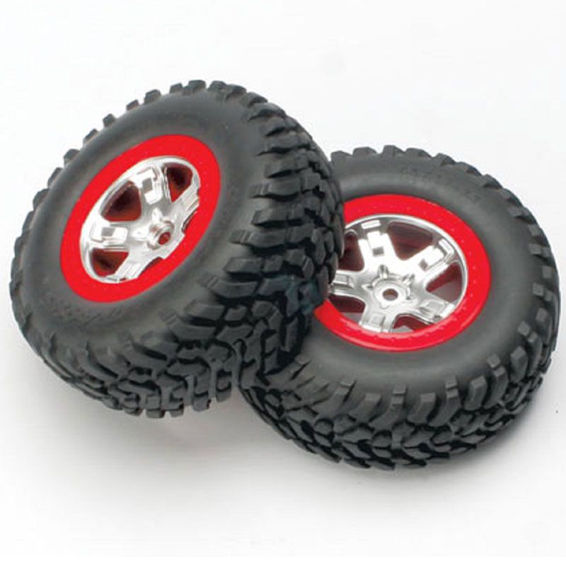 TRAXXAS  TYRES CHROME/WHLS RED B/LOCK ASSY REAR