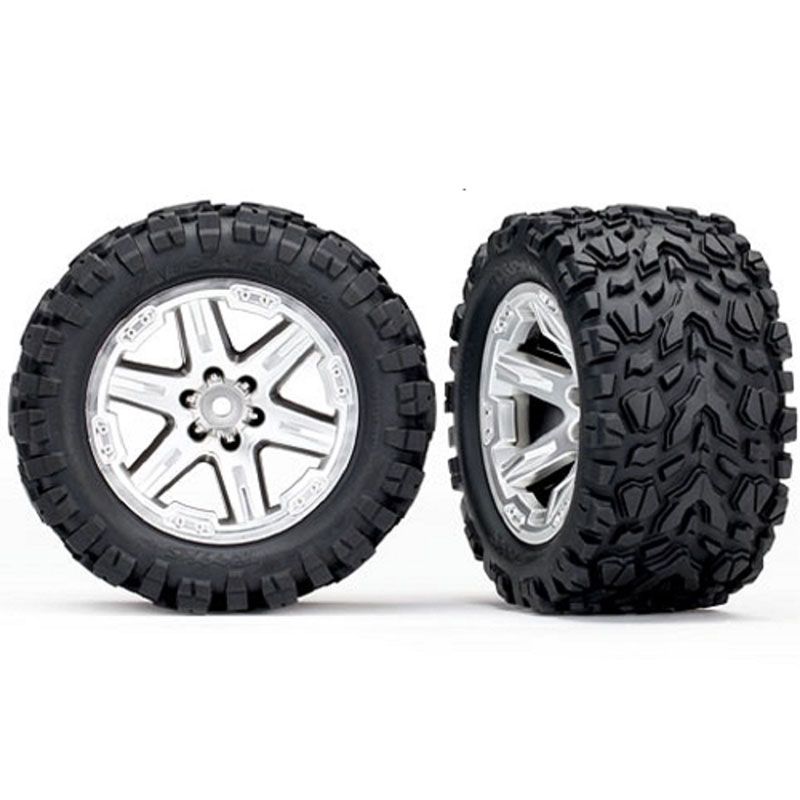 TRAXXAS TIRES & WHEELS ASS GLUED (2.8') RXT SATIN CHROME WHEELS TALON EXTRM TIRES (2)
