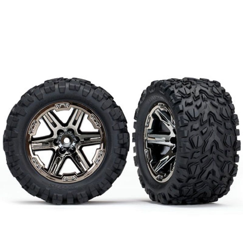 TRAXXAS TIRES & WHEELS ASS GLUED (2.8') RXT BLK CHROME TALON EXTRM TIRES (2)
