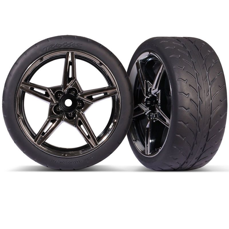 TRAXXAS TIRES & WHEELS ASSMB (SPLIT-SPOKE BLK CHRM WHEELSá2.1' RESPONSE TIRES) (EXTRA WIDE REAR) (2