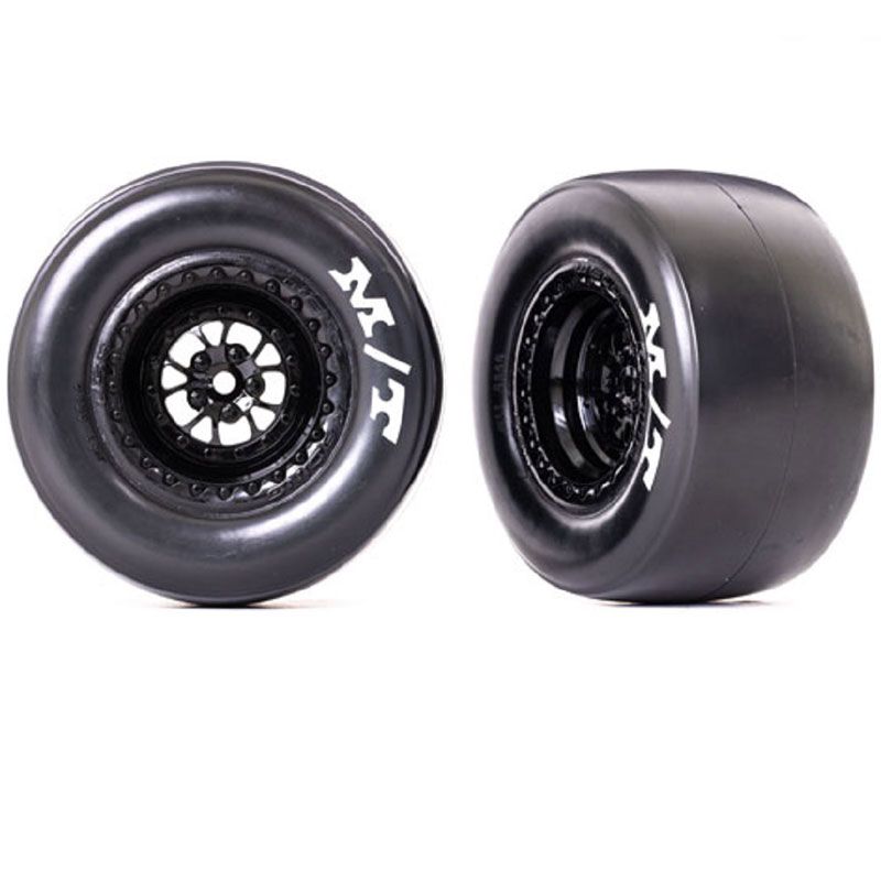 TRAXXAS T&W ASSEM (WELD GLOSSY BLK WHLS MICKEY THOMPSON  ET DRAG SLICKS STICKY COMPND)(REAR) (2)