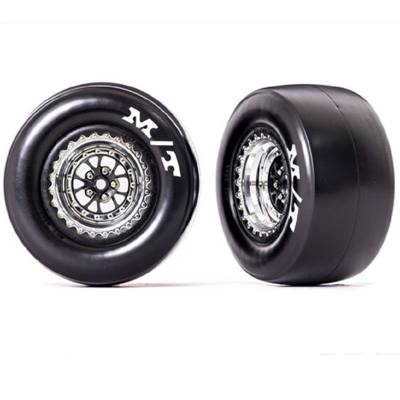 TRAXXAS T&W ASSEM (WELD CHRM WITH BLK WHLS MICKEY THOMPSON ET DRAG SLICKS STICKY COMPND)(REAR) (2)