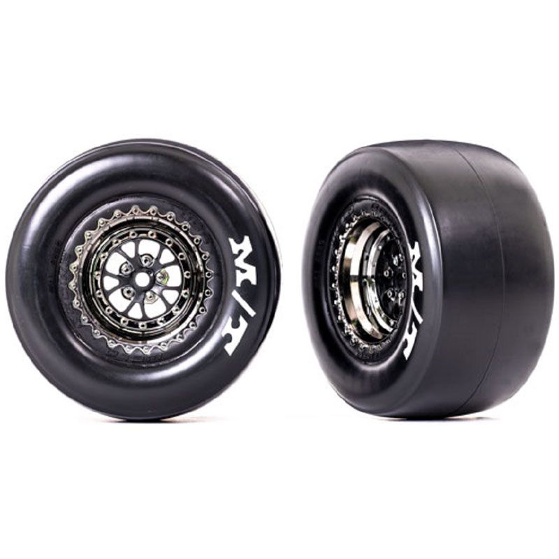 TRAXXAS T&W ASSEM (WELD CHRM WITH BLK WHLS MICKEY THOMPSON ET DRAG SLICKS STICKY COMPND)(REAR) (2)